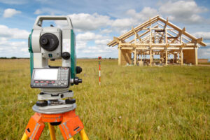 Land surveying equipment in front of a home being built