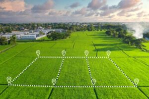 An aerial view of a large piece of vacant land