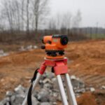 A level set up at a land surveying site