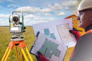 Land surveyor holds a bunch of documents while his equipment sits in front of him